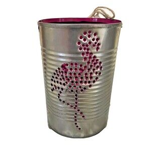 Candle‎ Holder Folk Art Recycled Punched Tin Can Lantern Handmade PINK FLAMINGO
